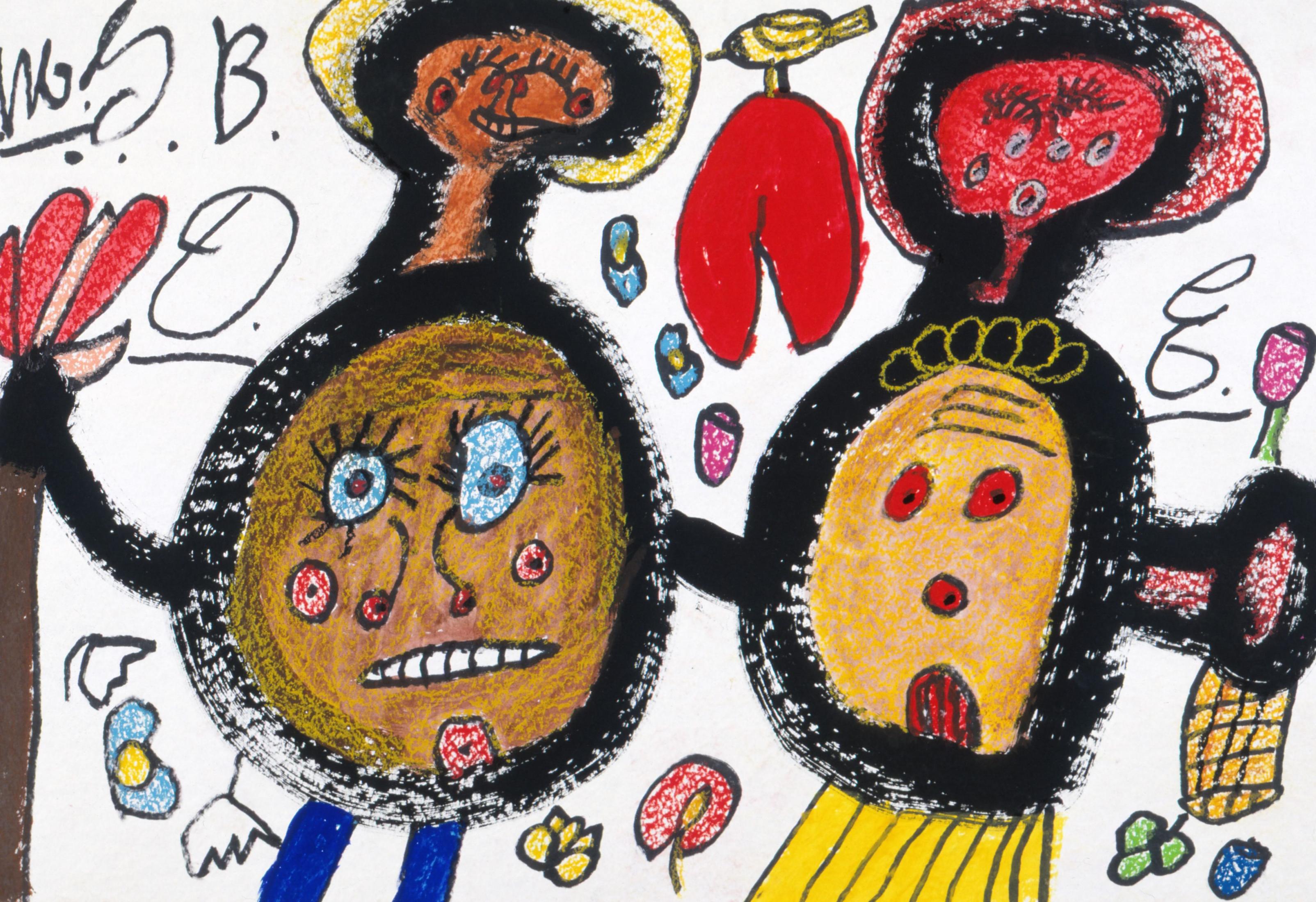 Ida Buchmann, Zwei Strichmännchen, 1989, Mischtechnik auf Papier