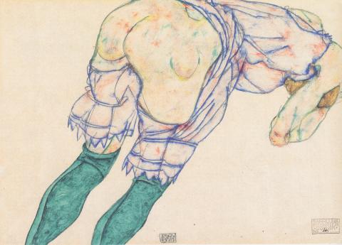 Egon Schiele, Girl with green stockings, Gouache, 1914