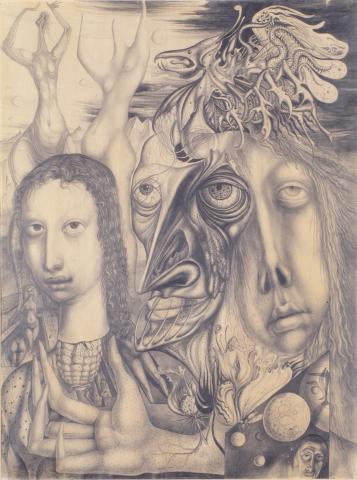 Ernst Fuchs, The Lamentation of the Bifid, Pencil Drawing, 1947