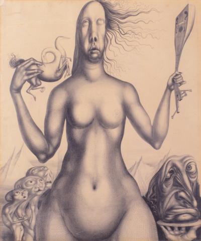 Ernst Fuchs, Gütersloh and the Muse, Pencil Drawing, 1947