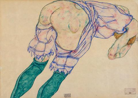 Egon Schiele, Mädchen mit grünen Strümpfen, Gouache auf Packpapier, 1914