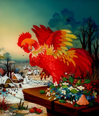 Ivan Vecenaj-Tislarov, The red cock, Oil behind Glass, 1992