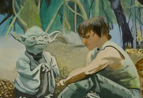 Anne Suttner, „Meister Yoda mit Padawan Luke Skywalker auf Dagobah: Die Macht ist stark in dir!“, Mischtechnik/Molino, 2017