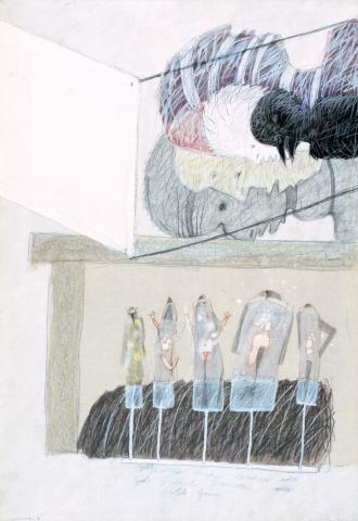 Tone Fink, "Puppet show I", Mixed Media on Cardboard, 1977